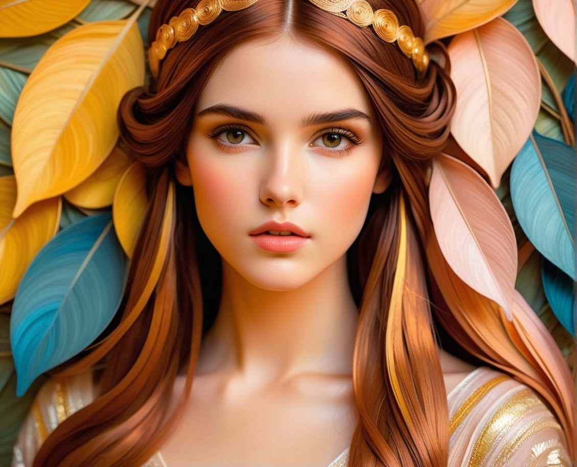 Portrait of a young woman with brown hair and leaves