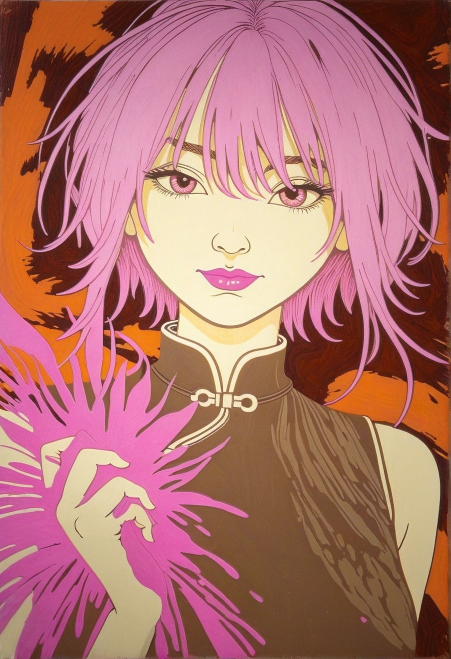 Anime-style painting of a young woman in a cheongsam