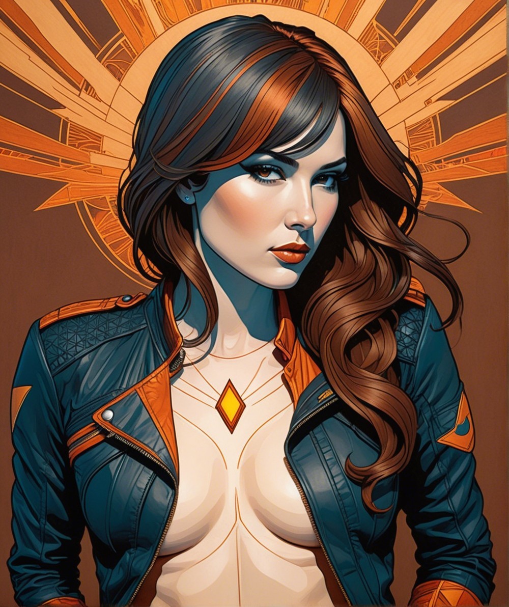 Stylized portrait of a confident woman with sunburst background
