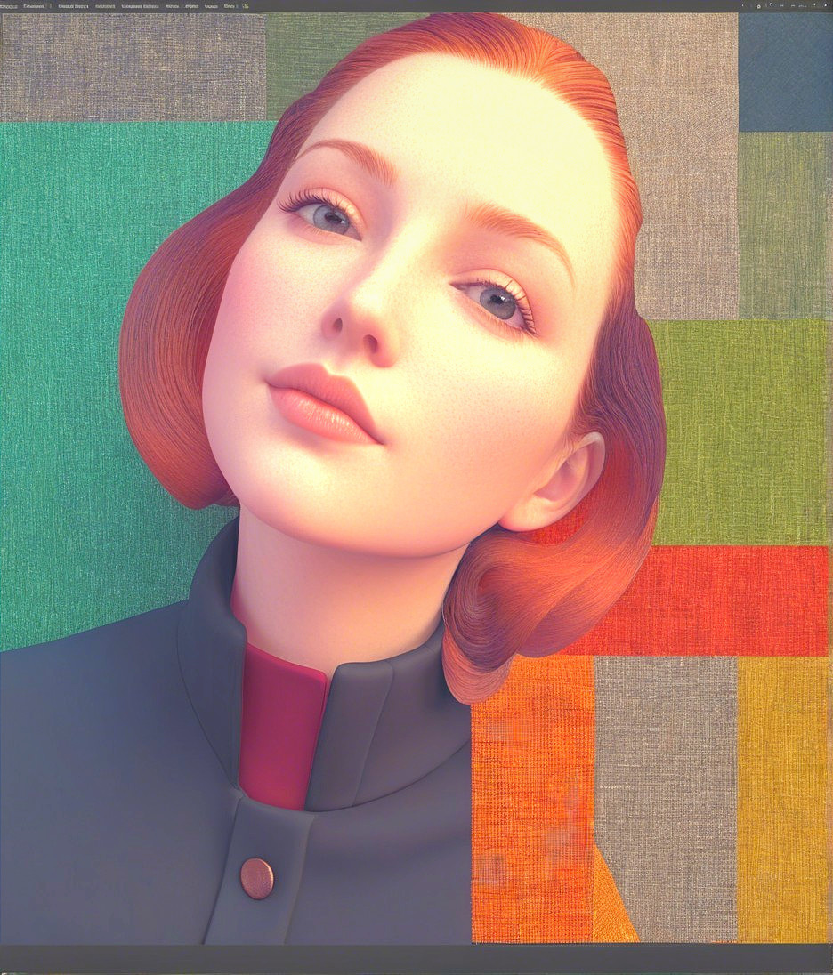 Stylized portrait of a woman with red hair and jacket