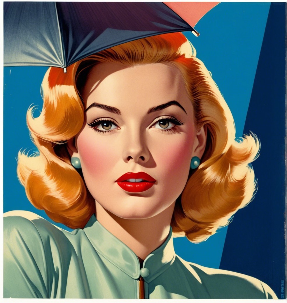 Glamorous Woman with Colorful Umbrella and Retro Style