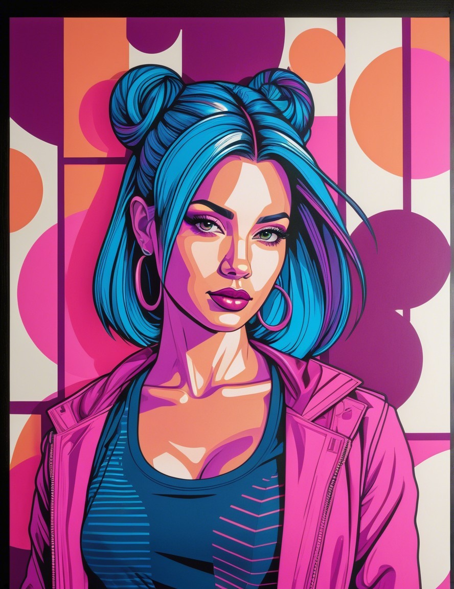 Vibrant Pop Art Portrait of Woman with Blue Hair