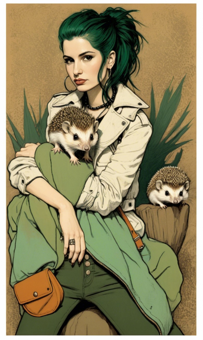 Woman with Green Hair and Hedgehogs in Fashion Scene