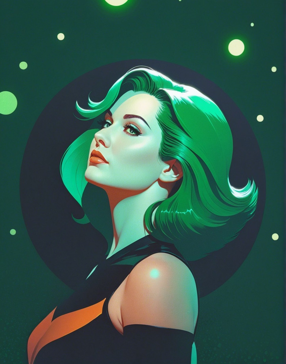 Stylized Illustration of a Confident Woman with Green Hair