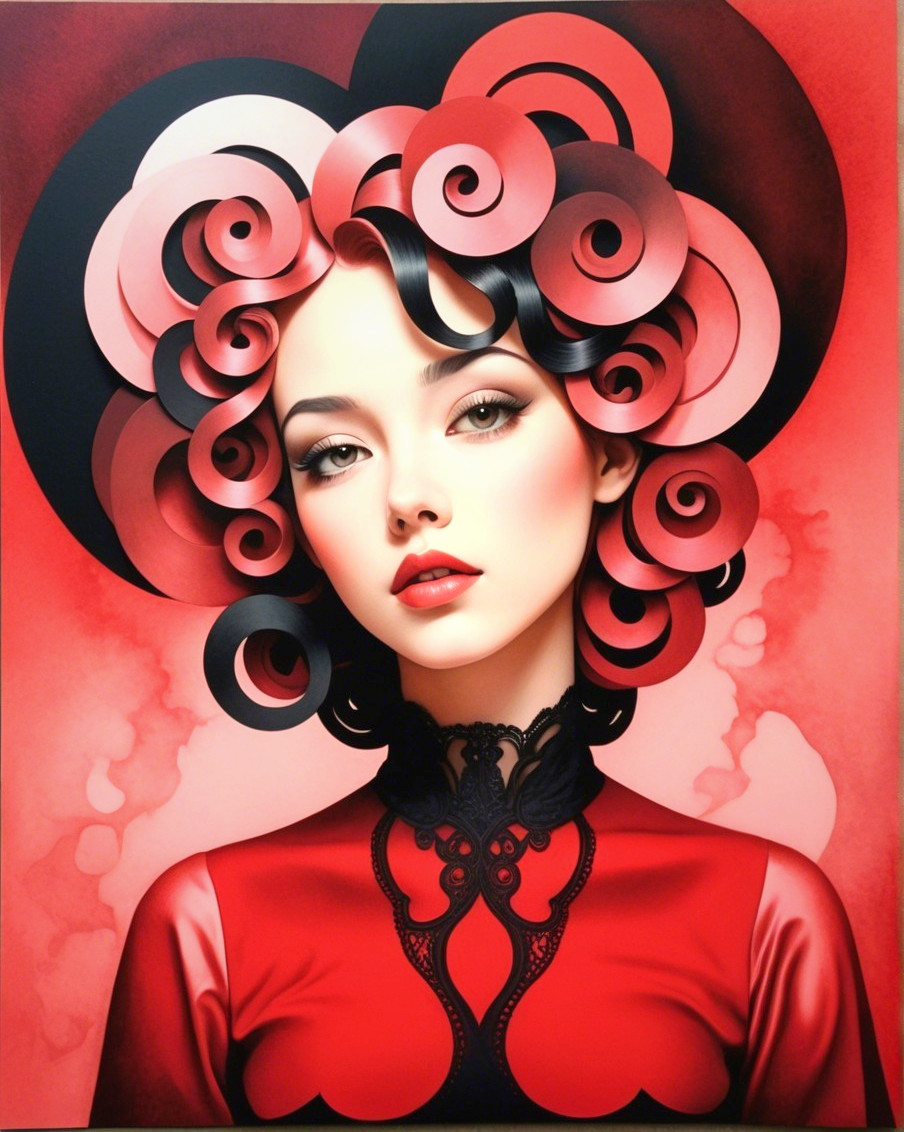 Elegant Portrait of a Woman in Red Dress and Curls