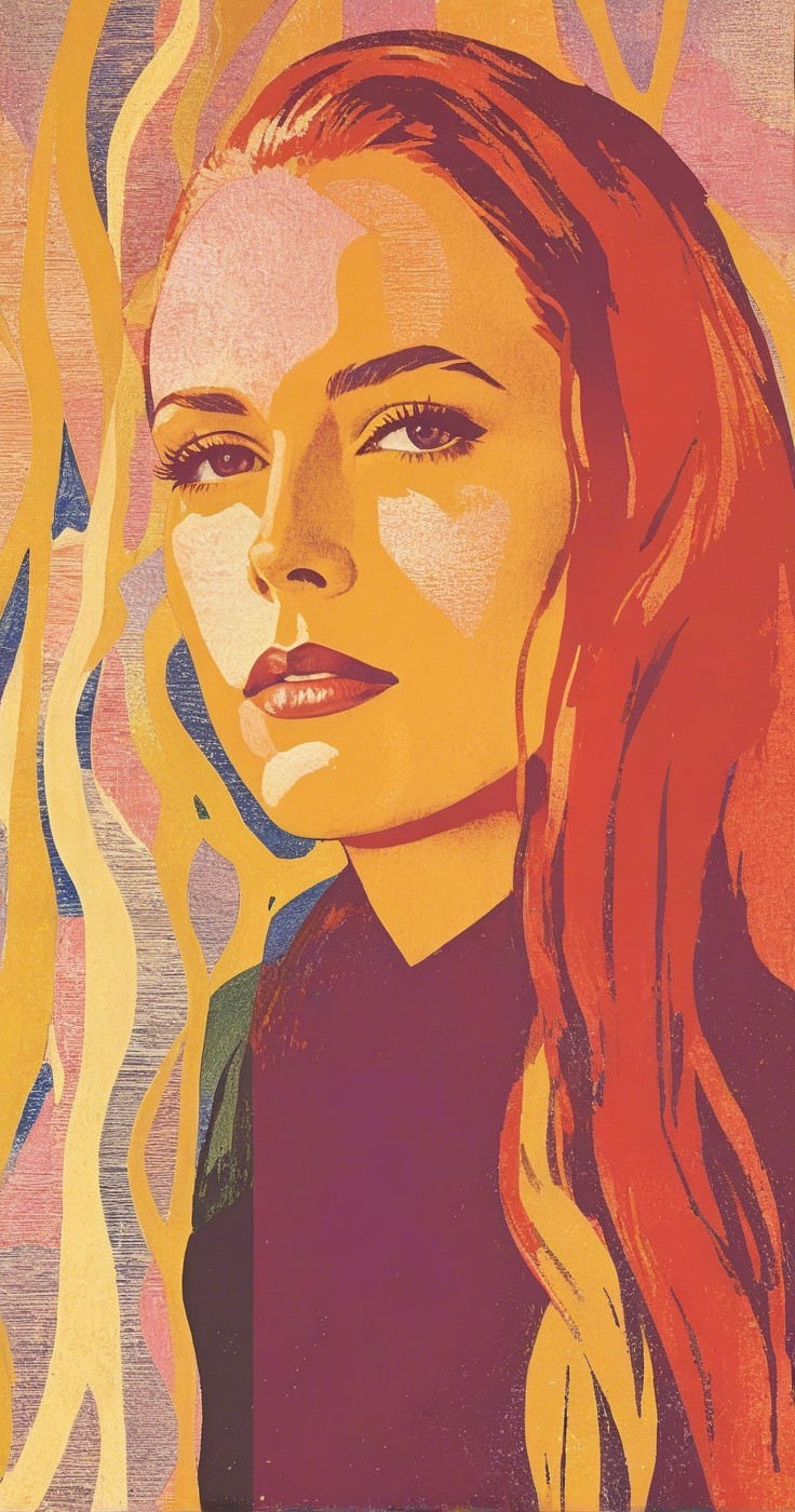 Vibrant Portrait of Woman with Red Hair and Patterns