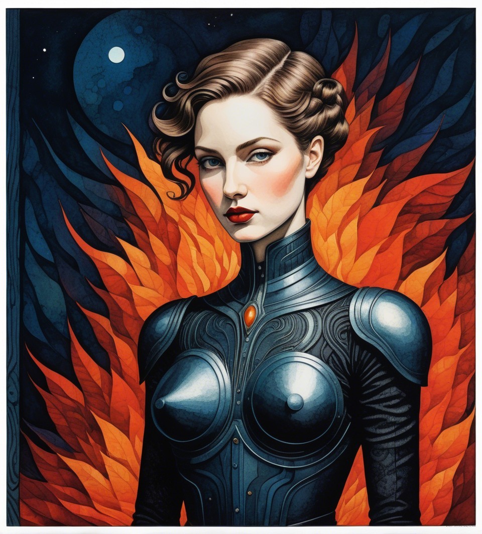 Futuristic Woman Amidst Vivid Orange Flames