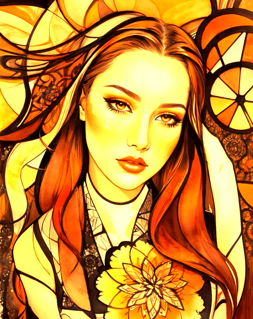 Portrait of a woman with red hair and floral design