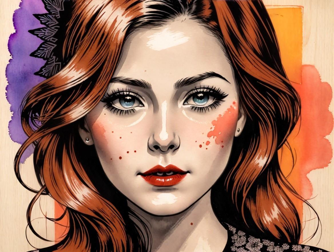 Portrait of a Young Woman with Auburn Hair and Freckles