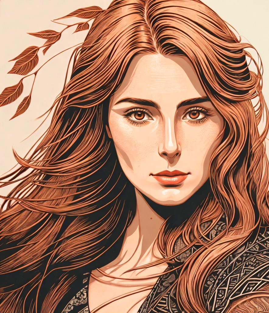 Young woman with flowing hair and confident expression