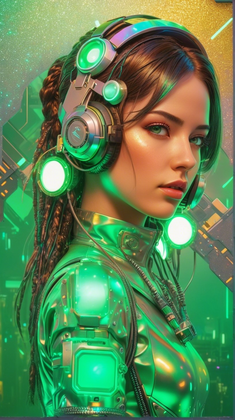 Futuristic Woman in Metallic Outfit with High-Tech Cityscape