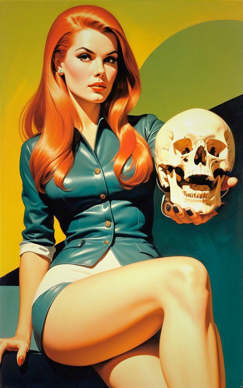 Woman with Red Hair in Teal Outfit Holding Skull