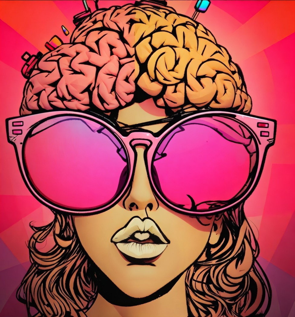 Stylized girl with pink sunglasses and cartoon brain