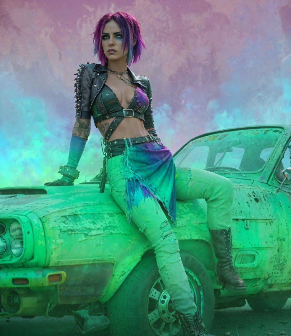 Bold Fashion Style on Vintage Car with Vibrant Colors