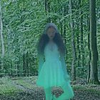 Woman in green dress walking through serene forest path