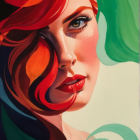 Close-up of a young woman with red hair and green eyes