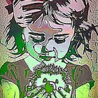 Illustration of a girl with green hair and tattoos holding a hedgehog