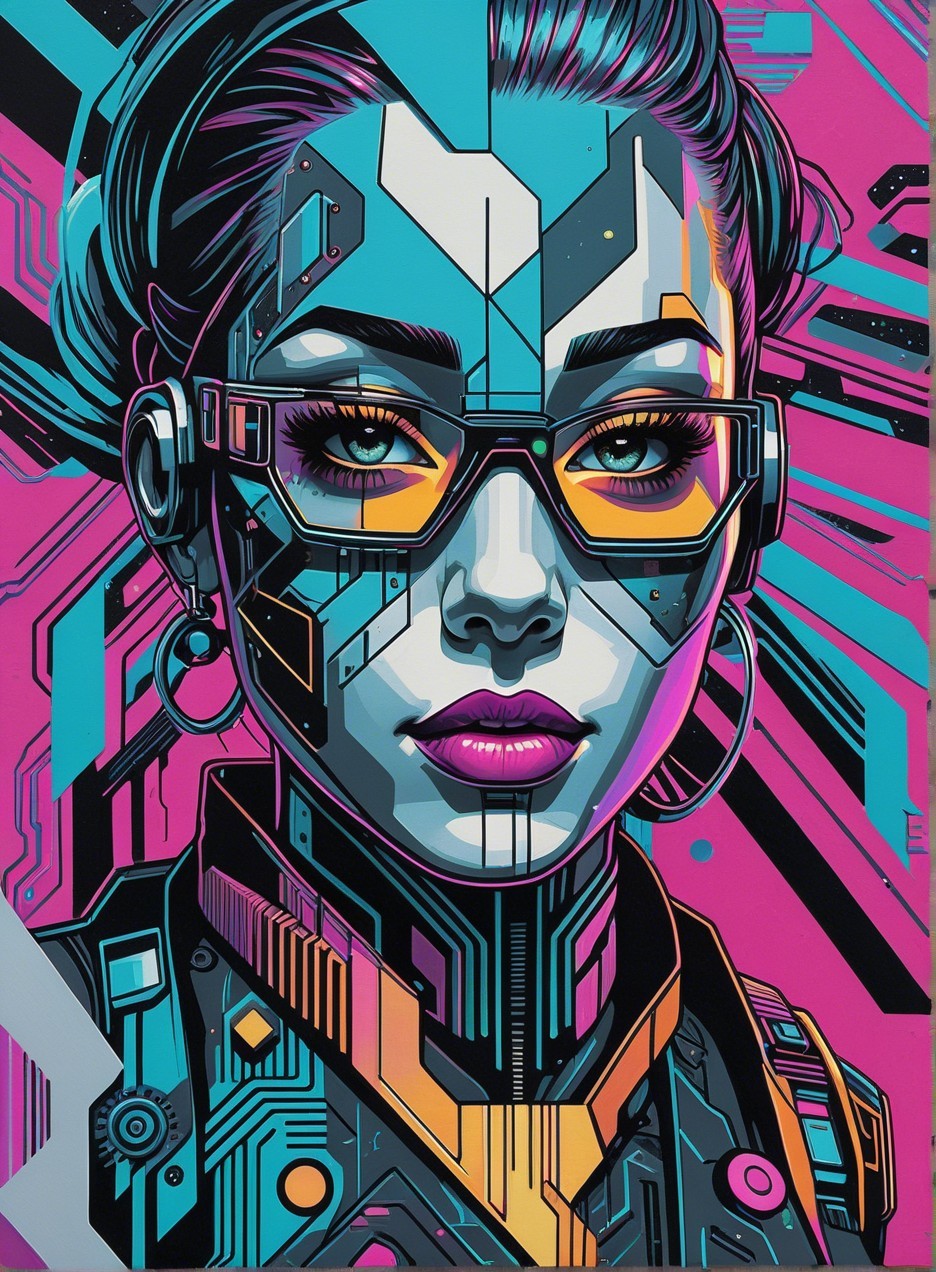 Futuristic Cyberpunk Female Figure with Geometric Patterns