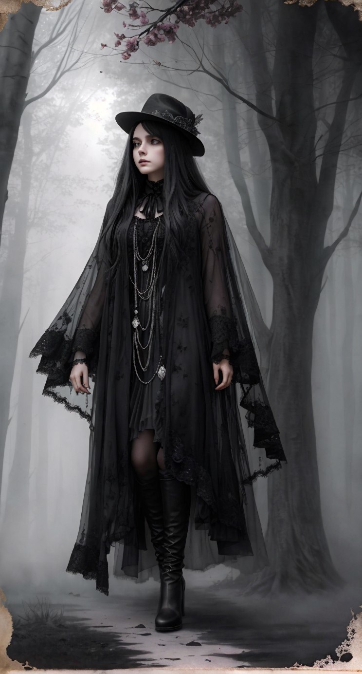 Mysterious Figure in Elegant Black Gown from Forest