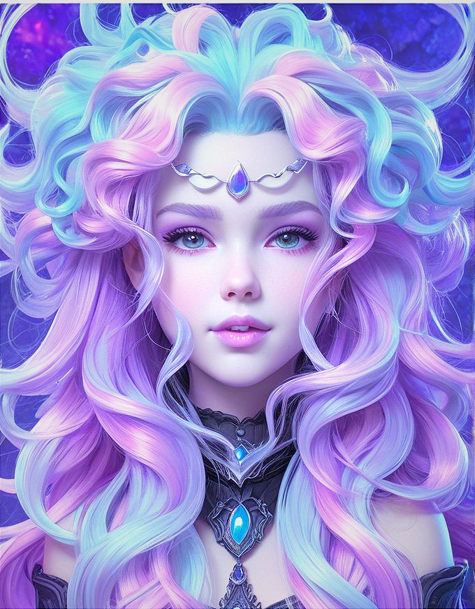 Portrait of a mythical woman with pastel-colored hair