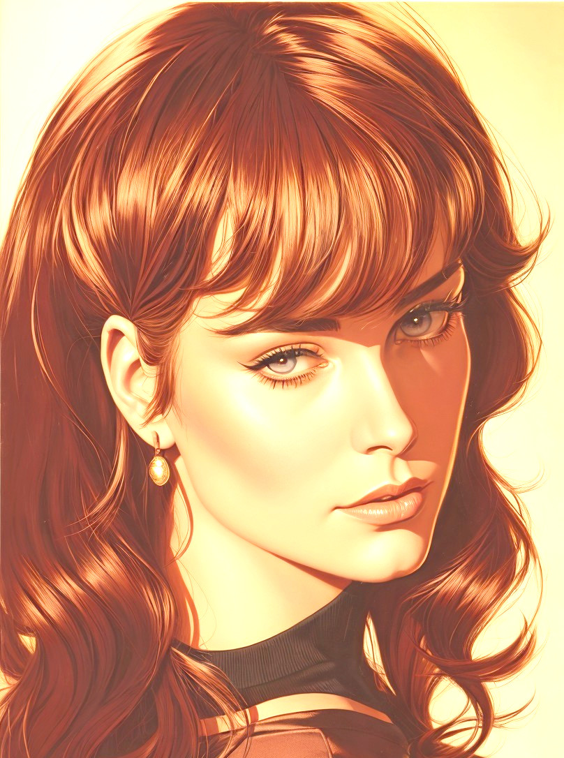 Illustration of a woman with auburn hair and golden lighting