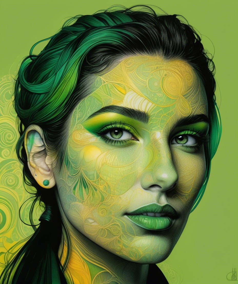 Portrait of a woman with vibrant green hair and makeup