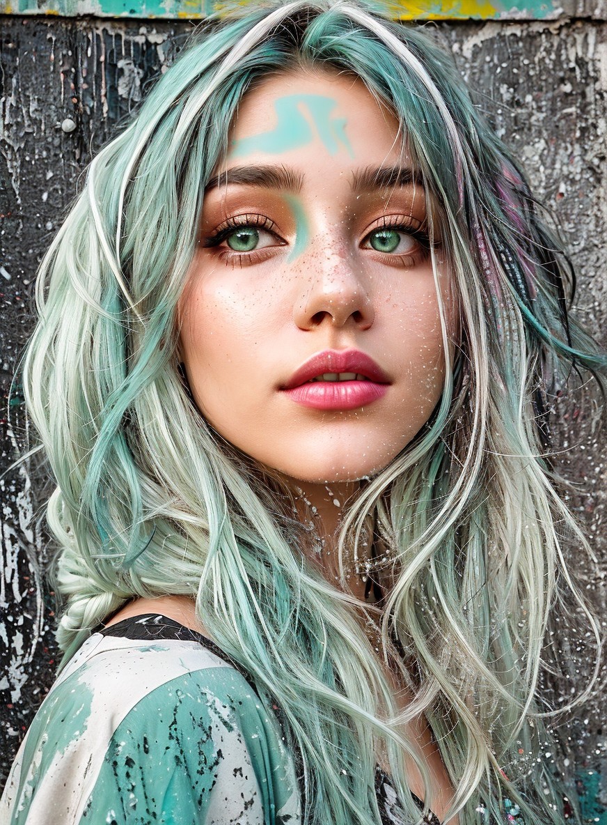 Young woman with multicolored hair poses by graffiti wall