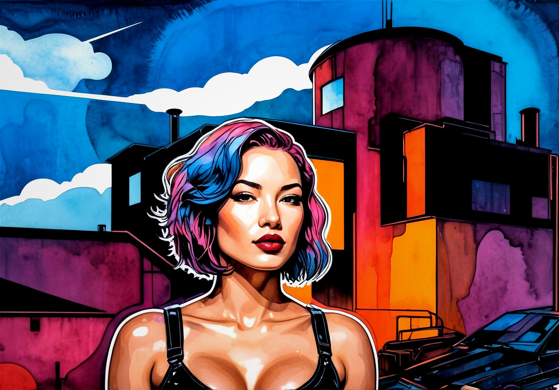 Stylized Portrait of Woman with Multicolored Bob Hairstyle