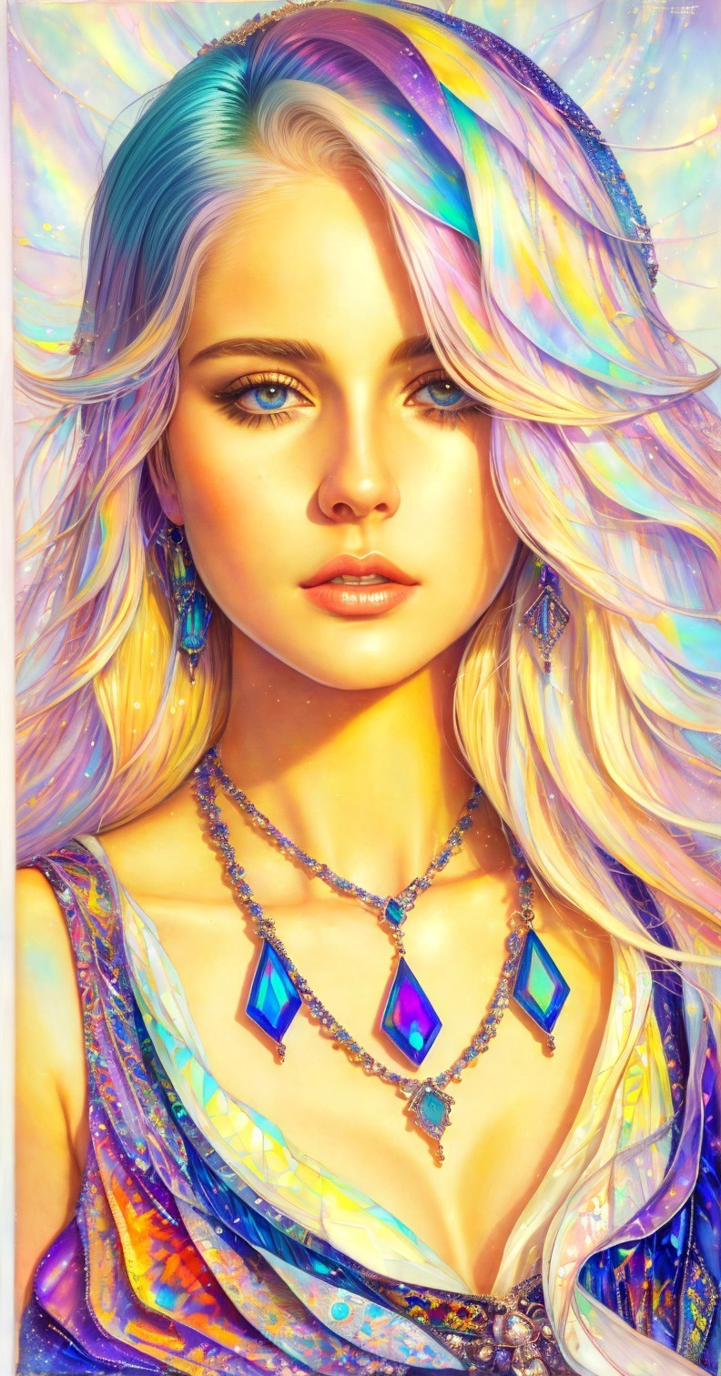 Portrait of a woman with iridescent hair and blue eyes