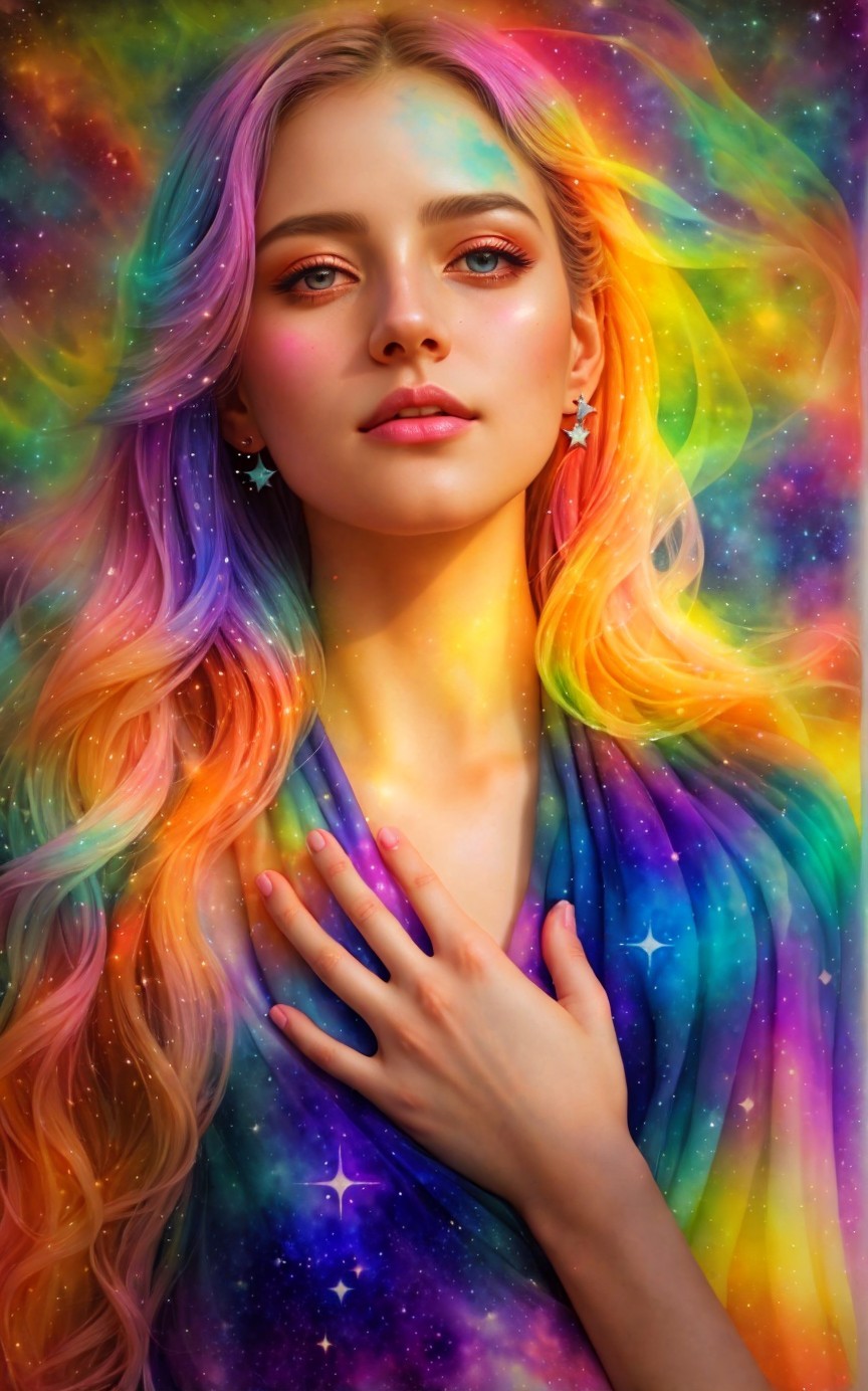 Portrait of a Young Woman with Rainbow Hair and Cosmos