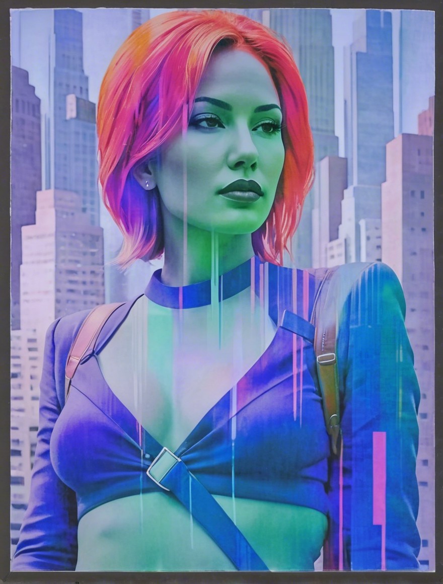 Portrait of a Woman with Vibrant Hair and Cityscape