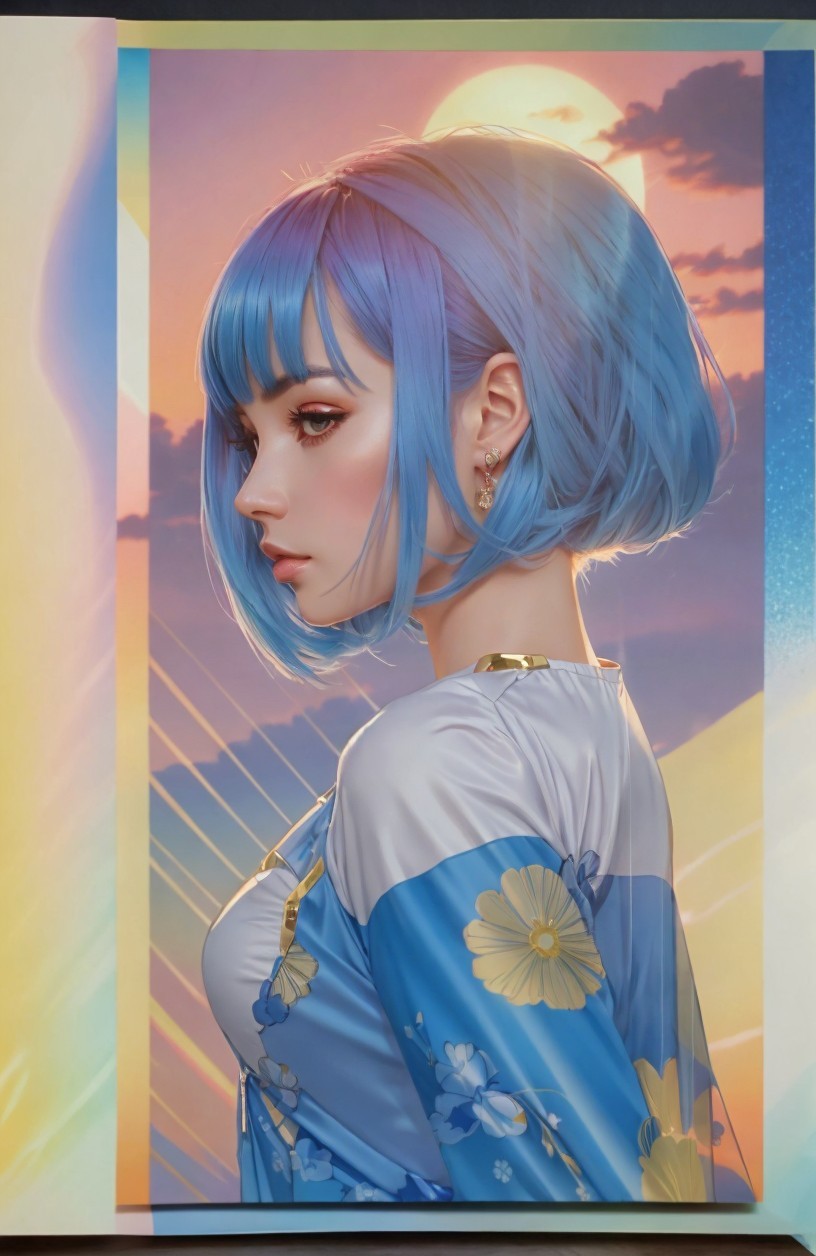 Stylized Portrait of Woman in Kimono with Sunset Background