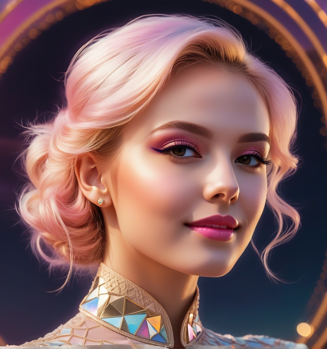 Young woman with pink hair in elegant curls and makeup