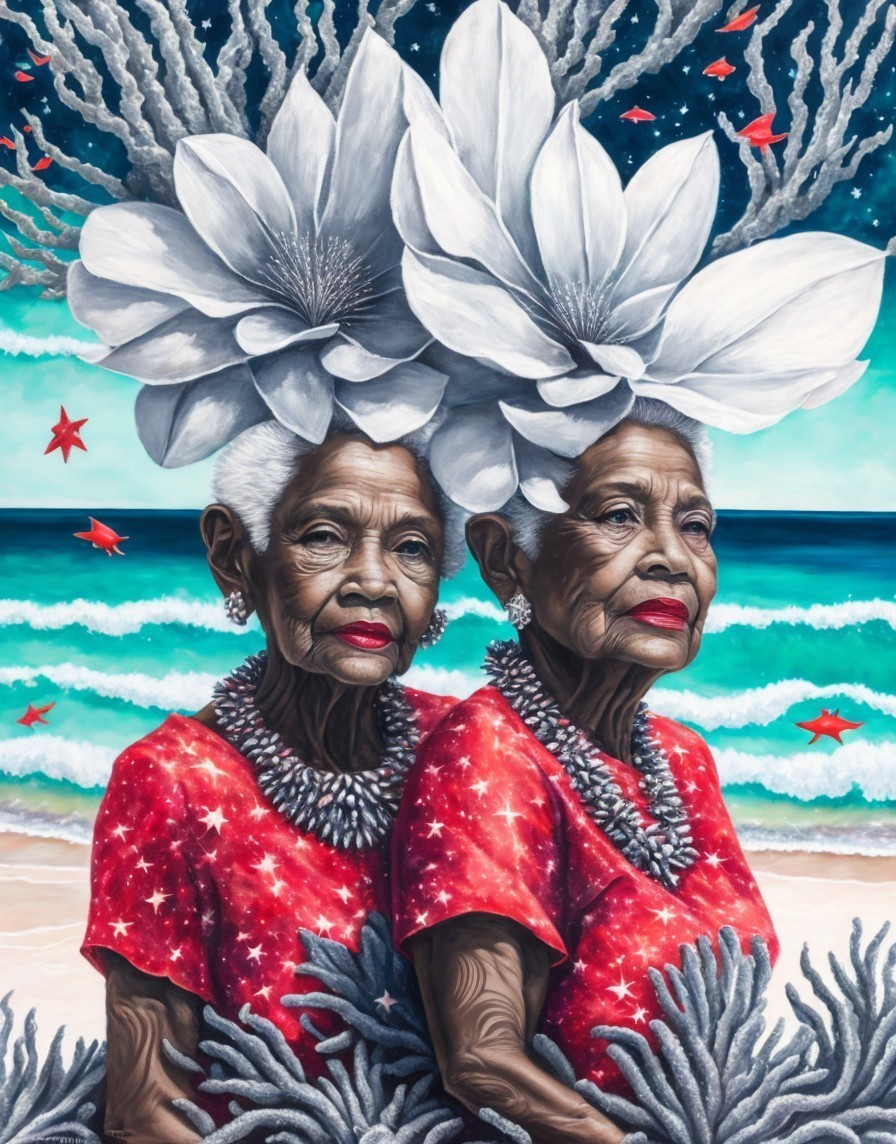 Elderly women with white flowers in hair, red dresses, ocean backdrop with coral & starfish