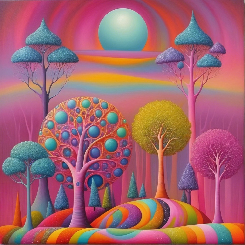 Surreal Landscape with Colorful Trees and Sunlight