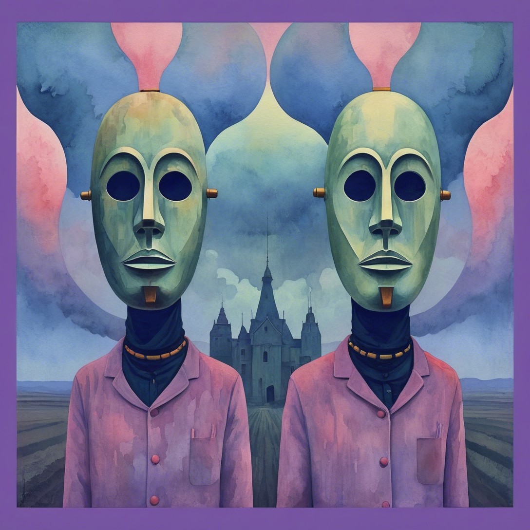 Humanoid Figures in Pastel Jackets Against Surreal Backdrop