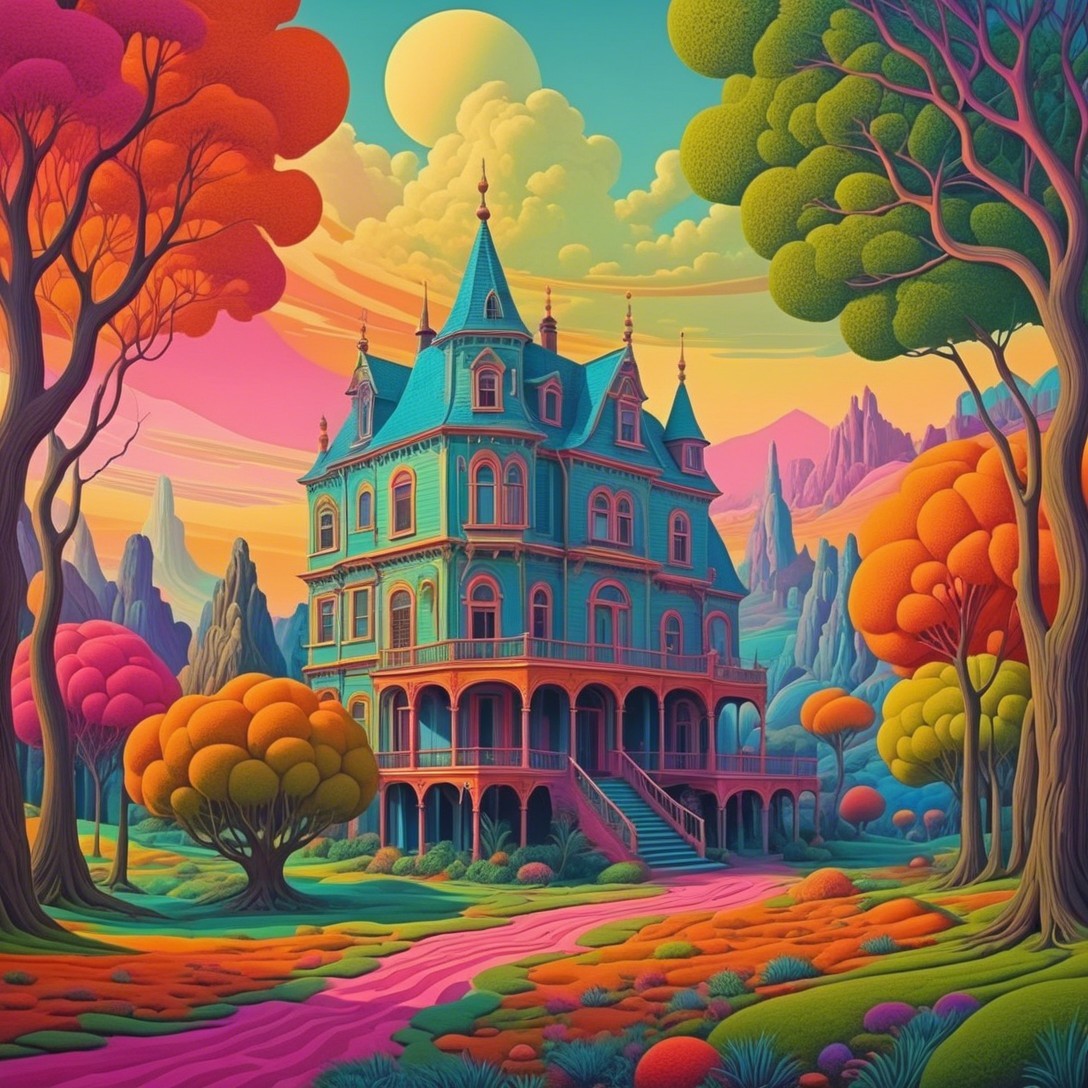 Colorful Victorian Mansion in Vibrant Landscape