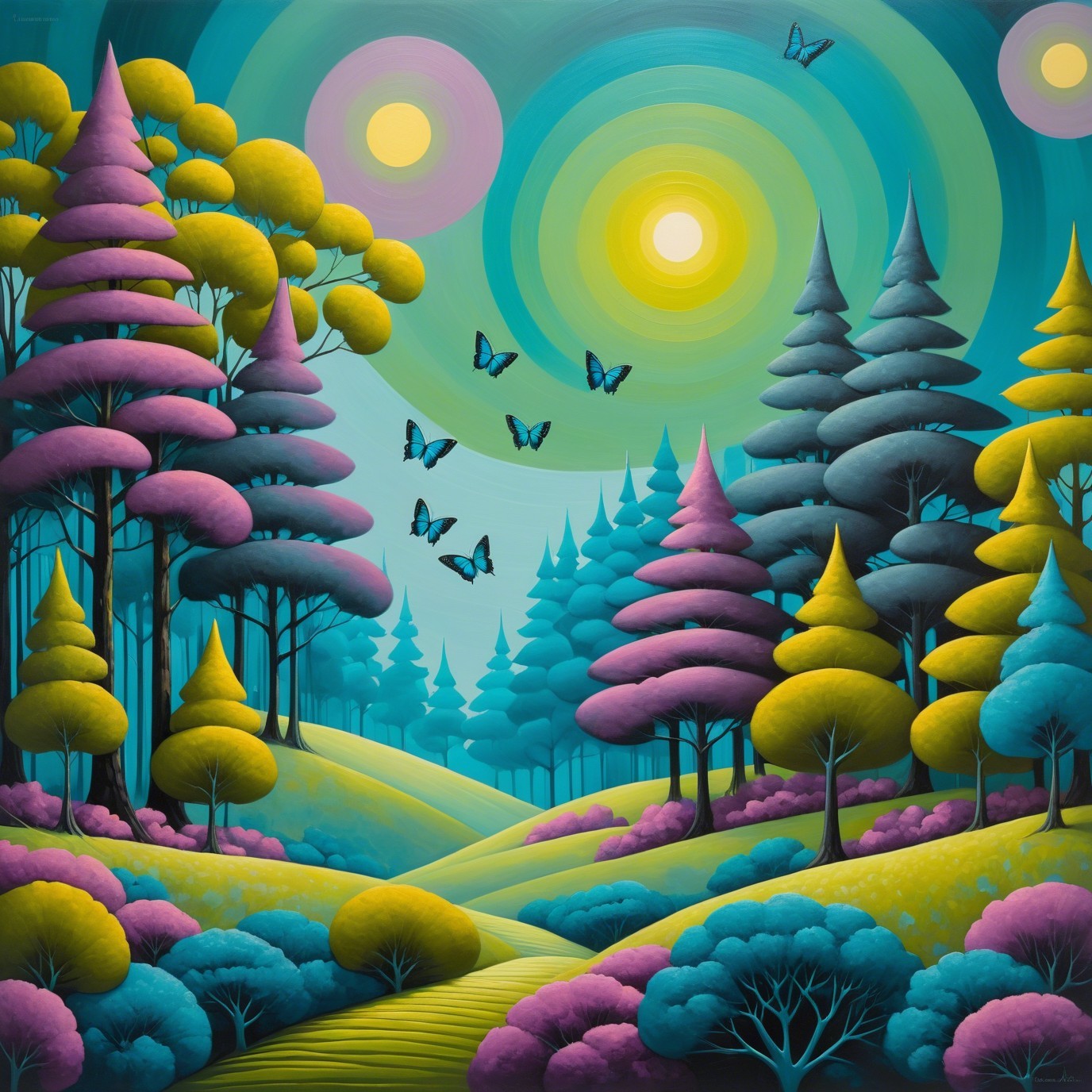 Vibrant Surreal Landscape with Colorful Trees and Hills