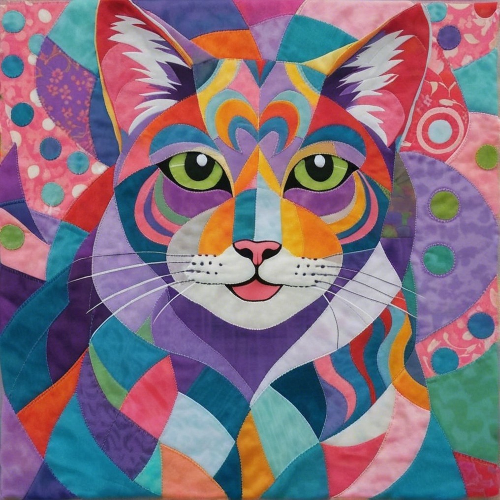 Colorful Cat Face Quilt Design with Patterns and Shapes