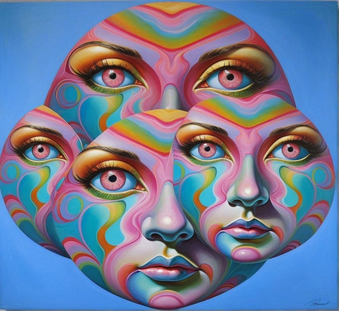 Surreal Composition of Colorful Faces with Patterns