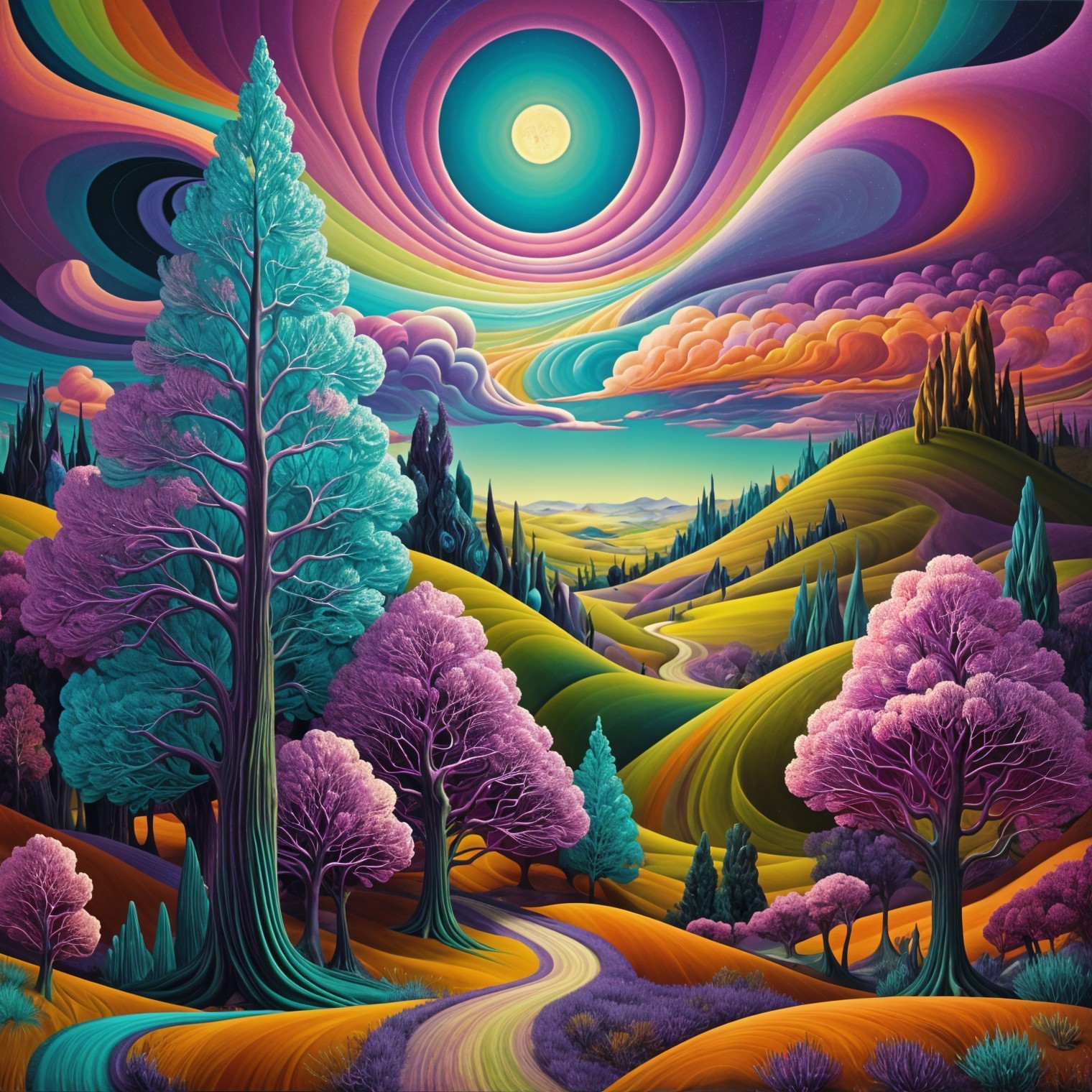 Vibrant Surreal Landscape with Colorful Skies and Hills