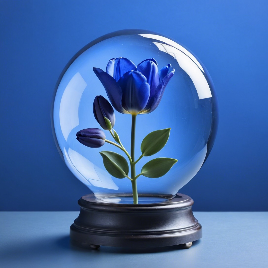 Glass Snow Globe with Blue Flower and Wood Base