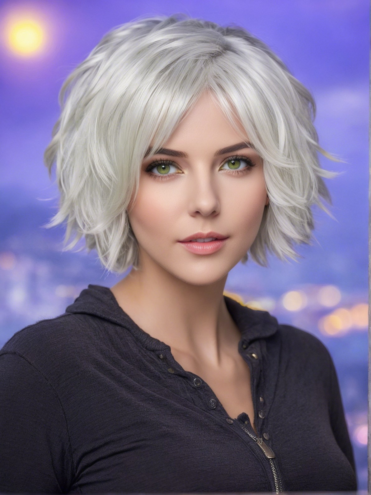 Young woman with silver bob in twilight cityscape