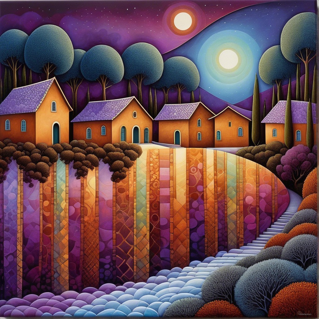 Colorful Nighttime Landscape with Two Moons and Houses