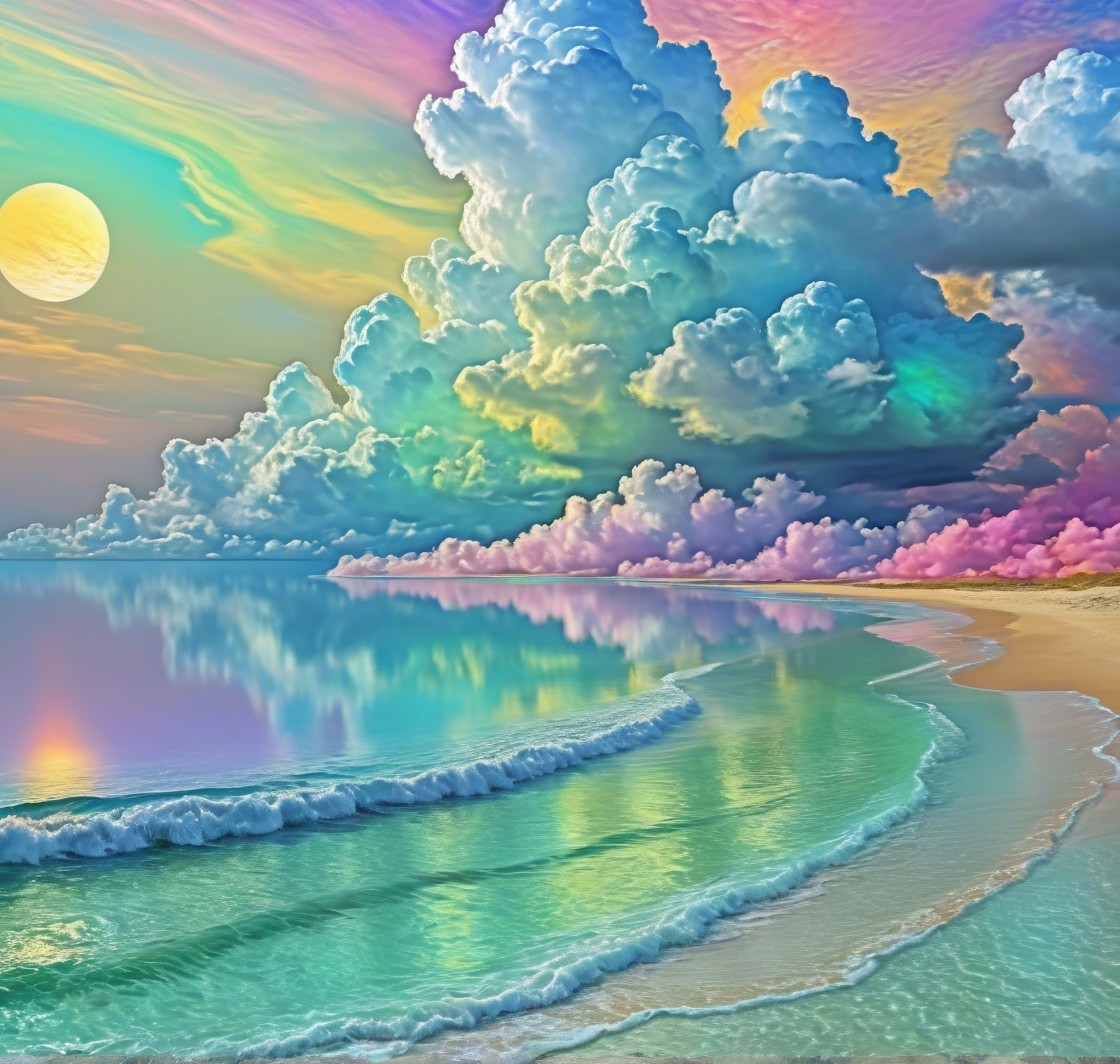 Vibrant Beach Scene with Colorful Sunset and Shoreline