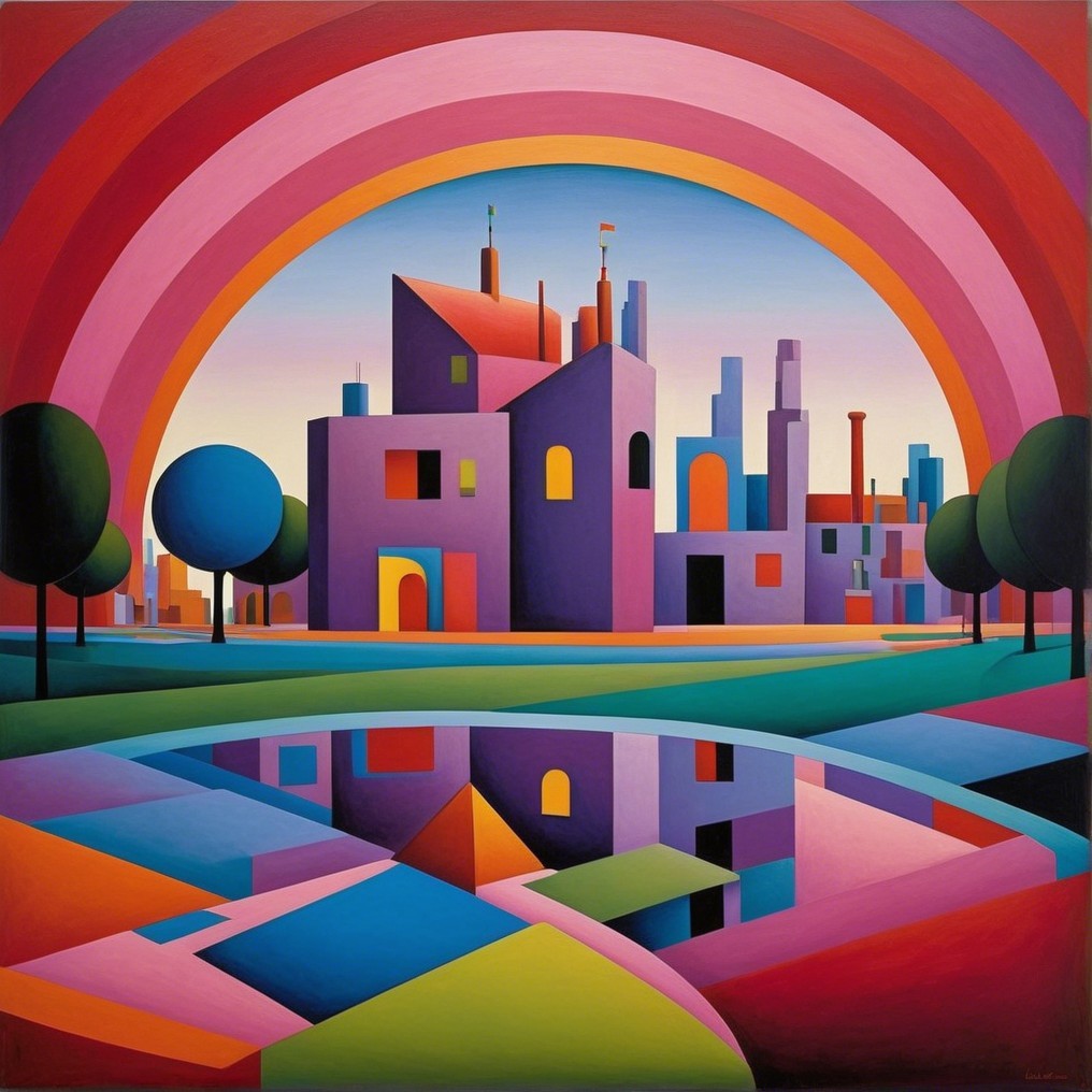 Abstract Landscape with Colorful Arch and Reflections