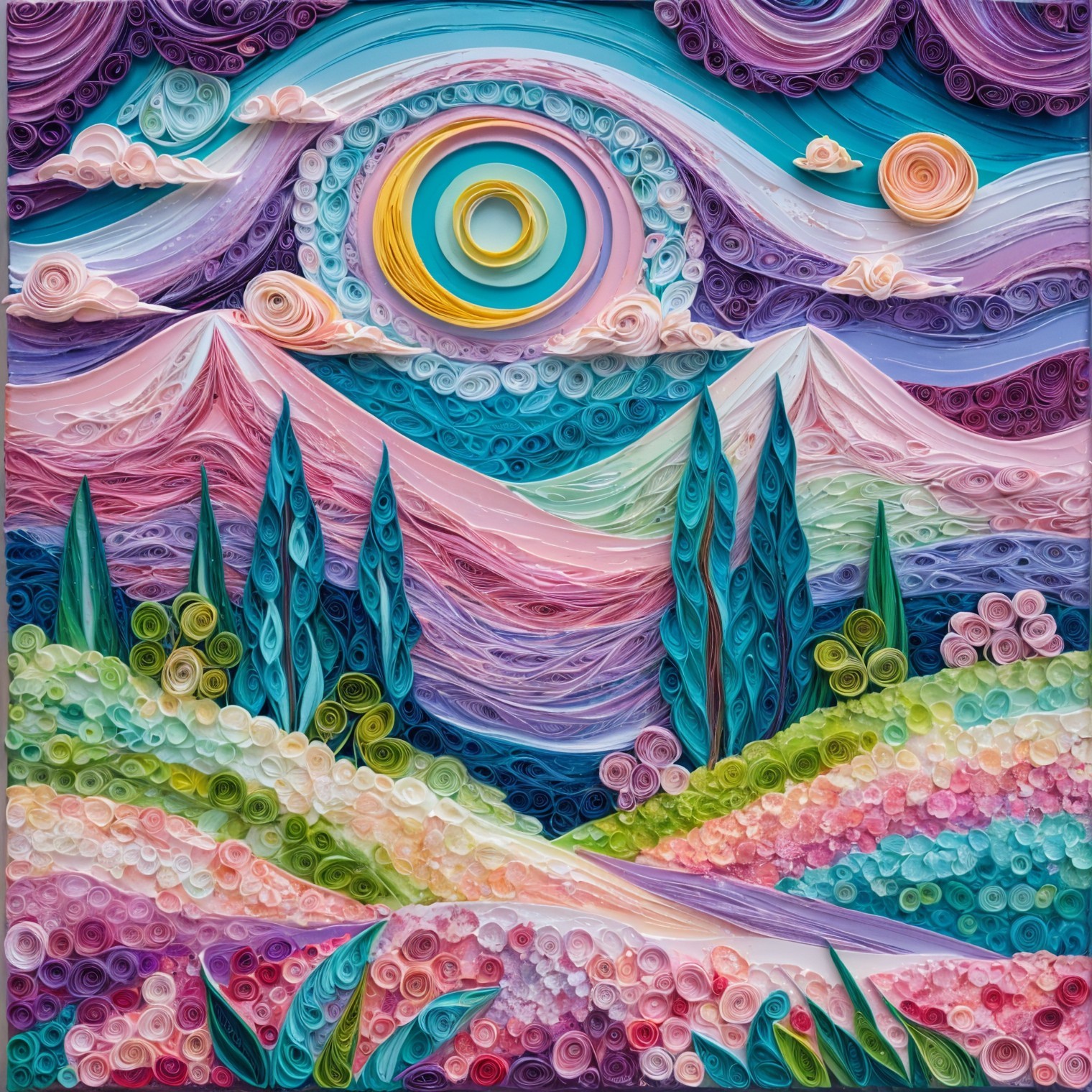 Vibrant Quilled Paper Landscape with Colorful Elements