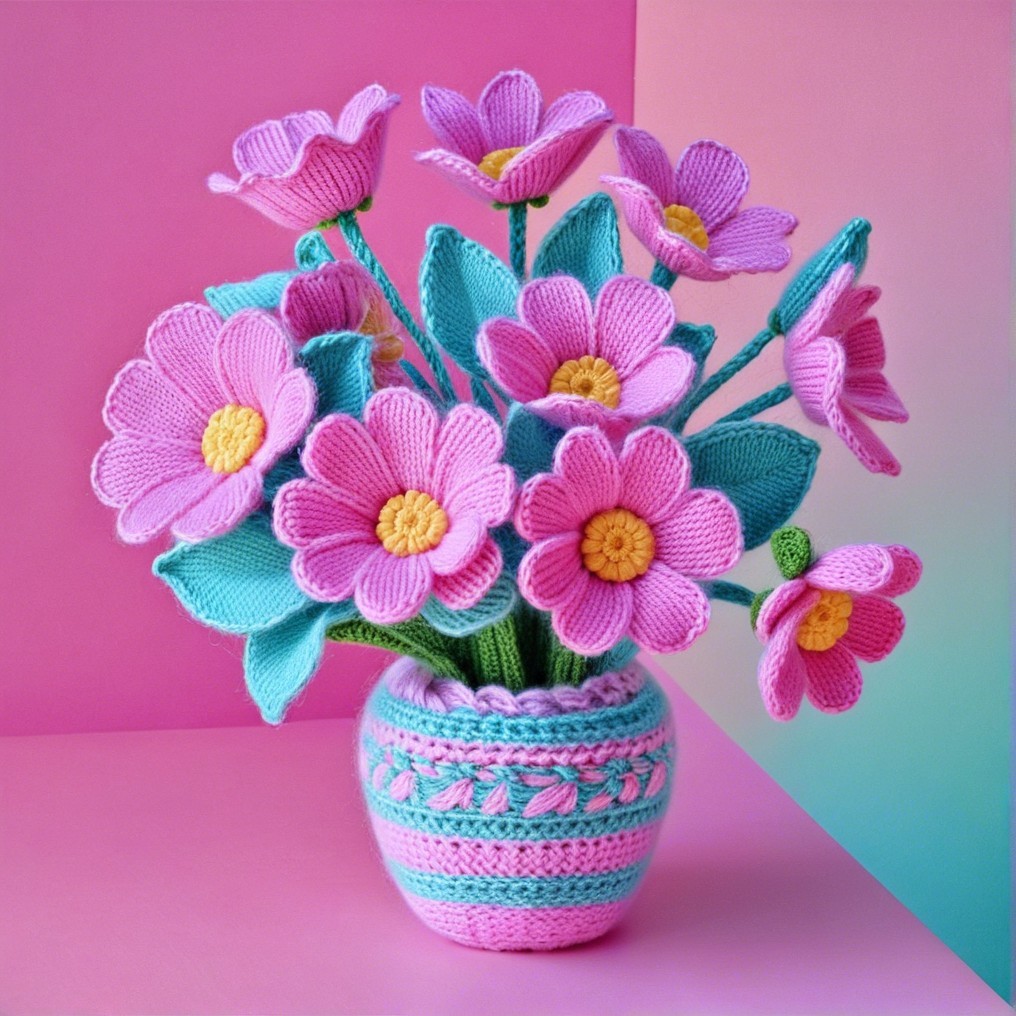 Knitted Flowers in Striped Pot with Colorful Background