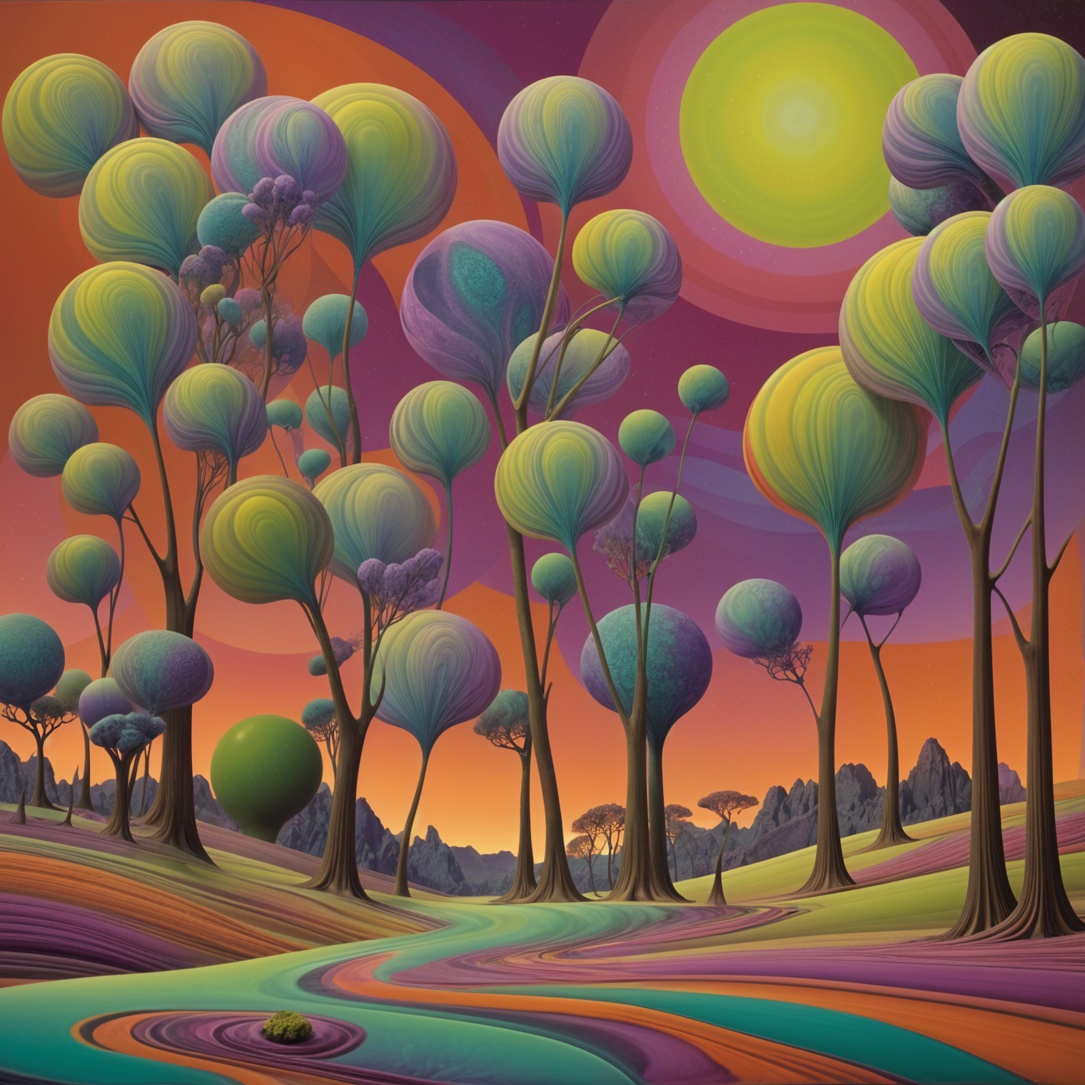 Surreal Landscape with Oversized Trees and Colorful Sky