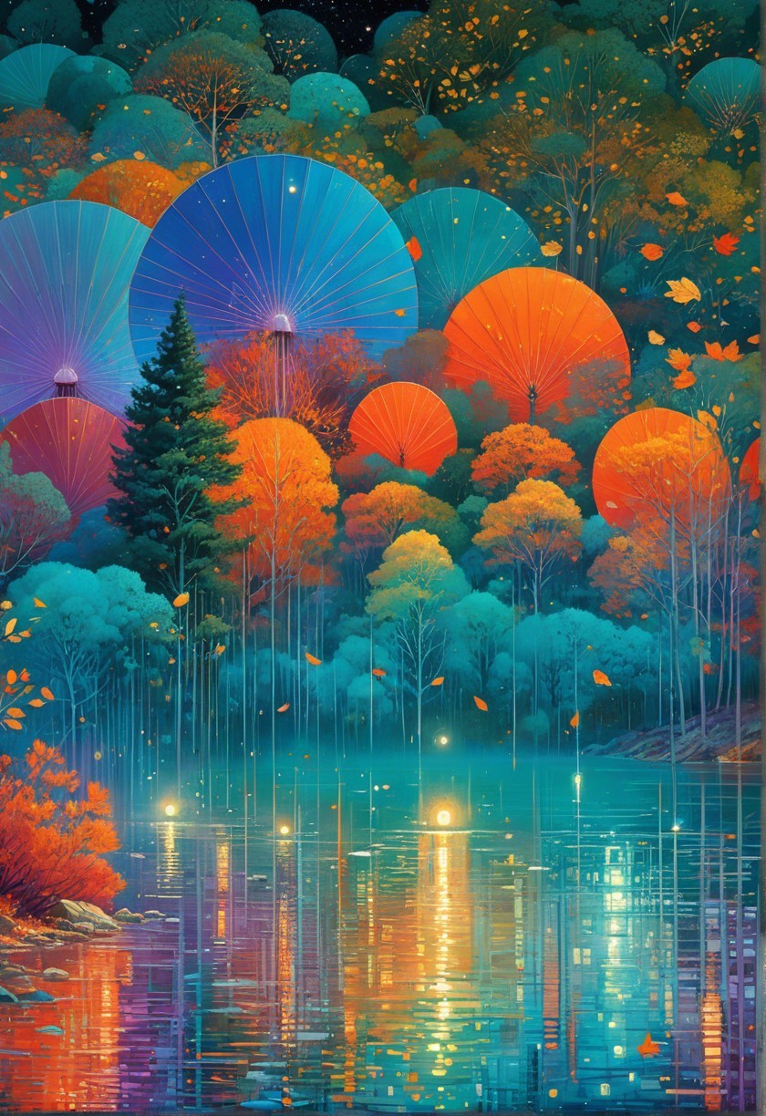 Vibrant Autumn Landscape with Colorful Parasols